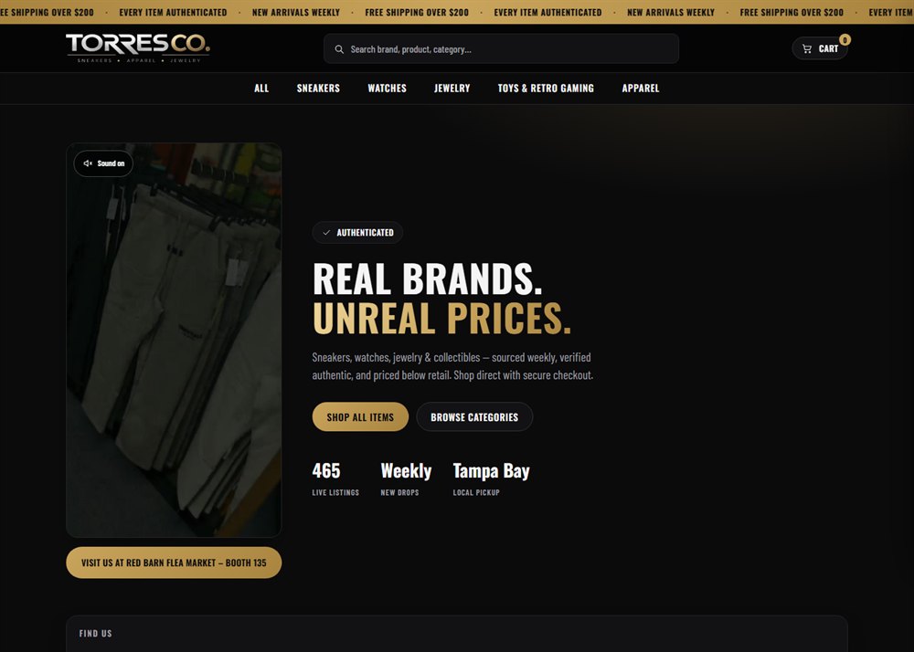After: the same storefront rebranded as Torres Co., black and gold